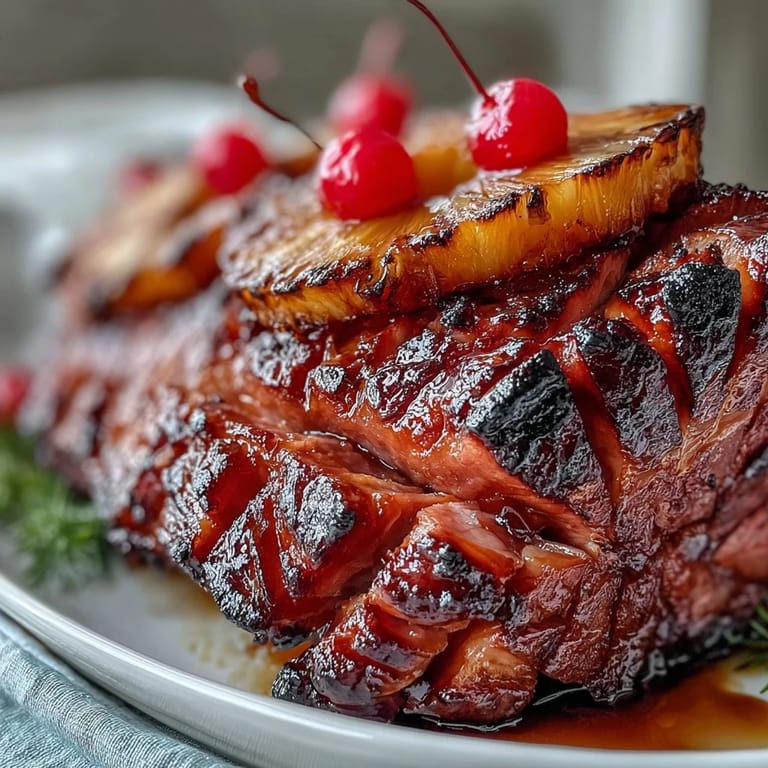 Succulent baked ham studded with cloves and adorned with glazed pineapple and cherries, ideal for holiday gatherings.