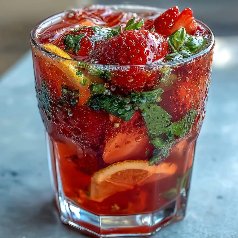 Refreshing strawberry basil sangria mocktail featuring citrus slices, basil leaves, and chilled sparkling water for a festive, alcohol-free drink.
