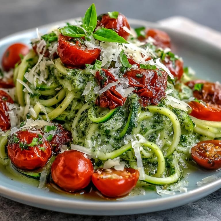 Colorful spiralized zucchini noodles mixed with homemade pesto and sweet cherry tomatoes, perfect for a light vegetarian meal.