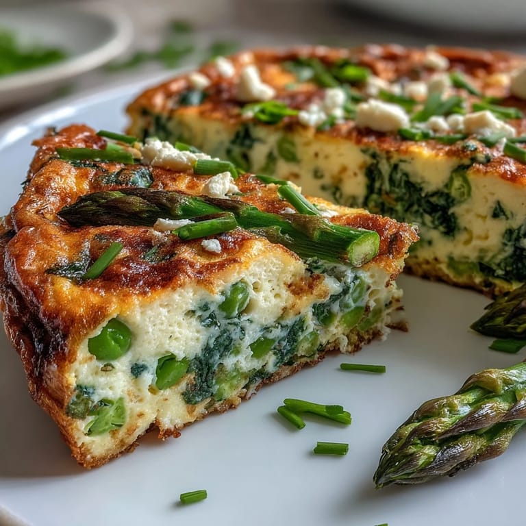 Vibrant spring frittata with tender asparagus, peas, and spinach topped with tangy goat cheese - perfect for a light brunch.