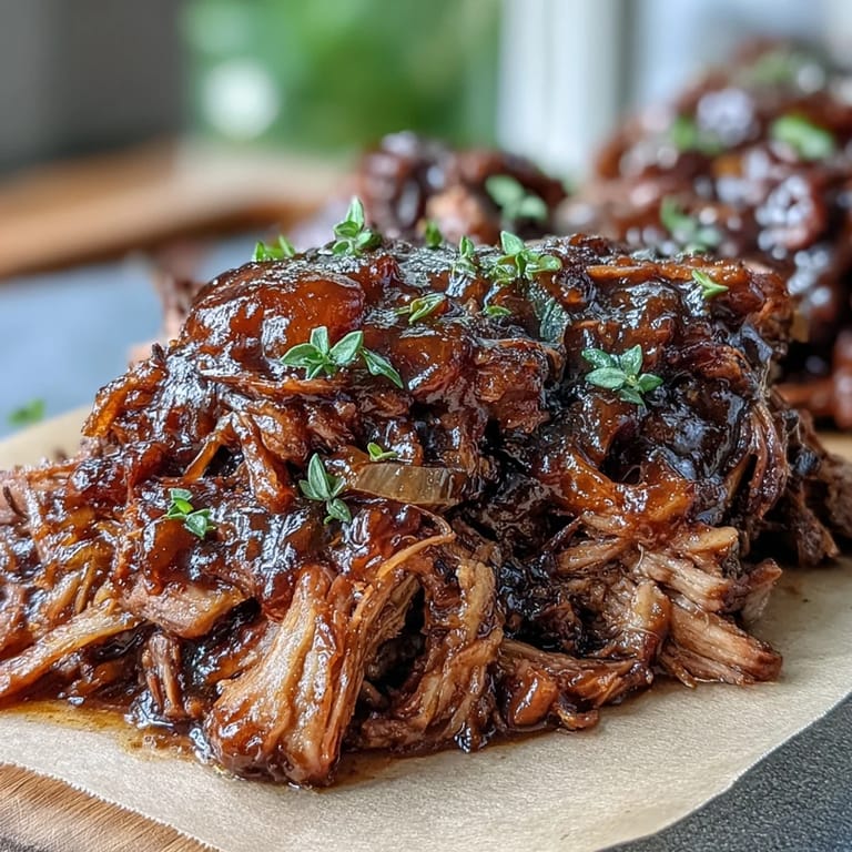 Sweet and smoky honey peach BBQ pulled pork, slow-cooked until juicy and perfect for summer sandwiches.  