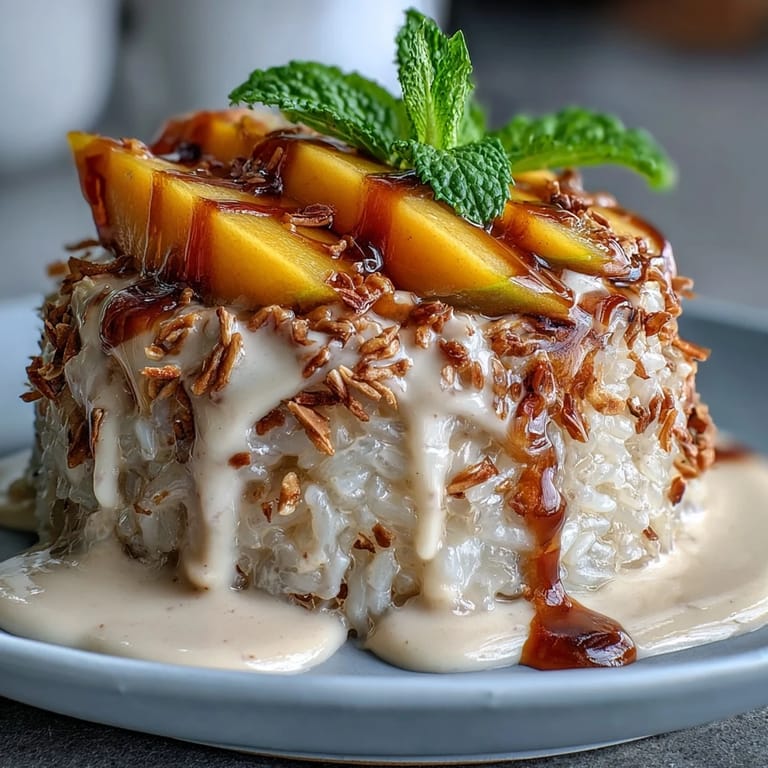 Creamy Thai Mango Sticky Rice Cups dessert ready to be drizzled deliciously.