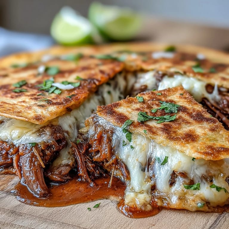 Tender birria beef stuffed in crispy, cheesy quesadillas for a festive meal.