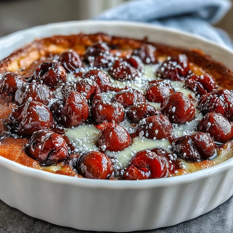 Golden baked cherry clafoutis dessert, dusted with powdered sugar, ready to serve.