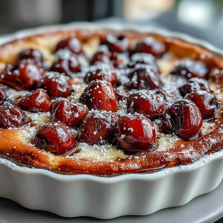 Luscious French cherry clafoutis, showcasing sweet fruit in a tender baked batter.