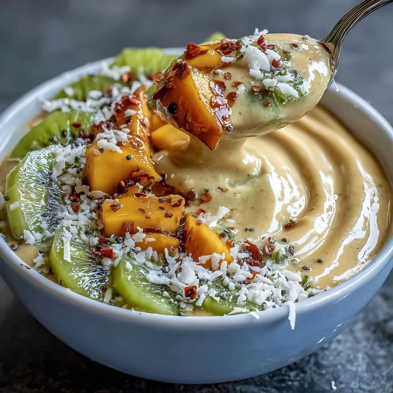 Creamy Mango Chili Lime Smoothie Bowl garnished with granola, perfect for a healthy snack.