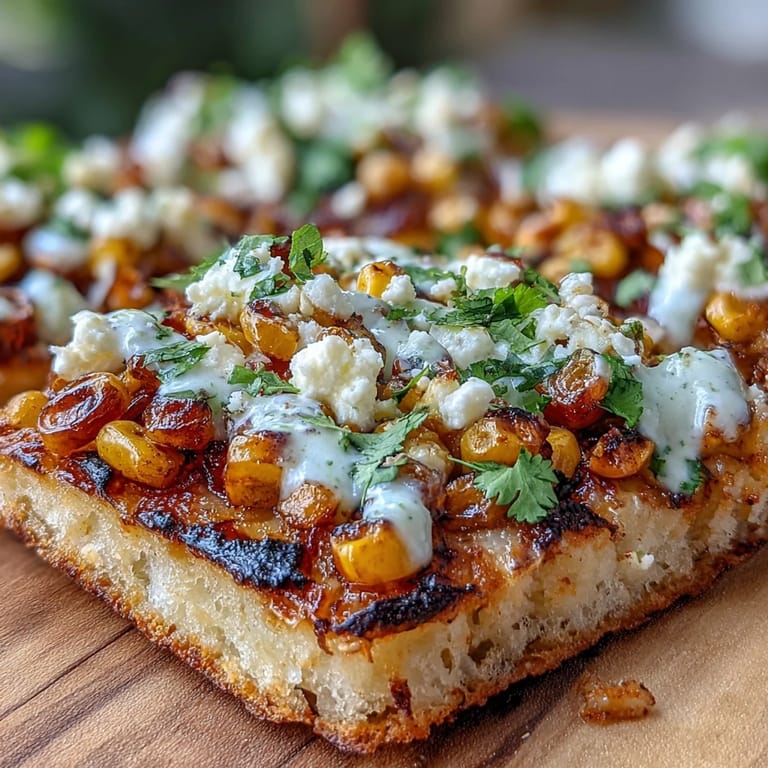 Flatbread topped with smoky street corn, cotija cheese, and bright cilantro, drizzled.