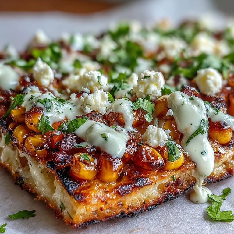 Vibrant street corn flatbread, ready for festive Cinco de Mayo gatherings with jalapeño crema.