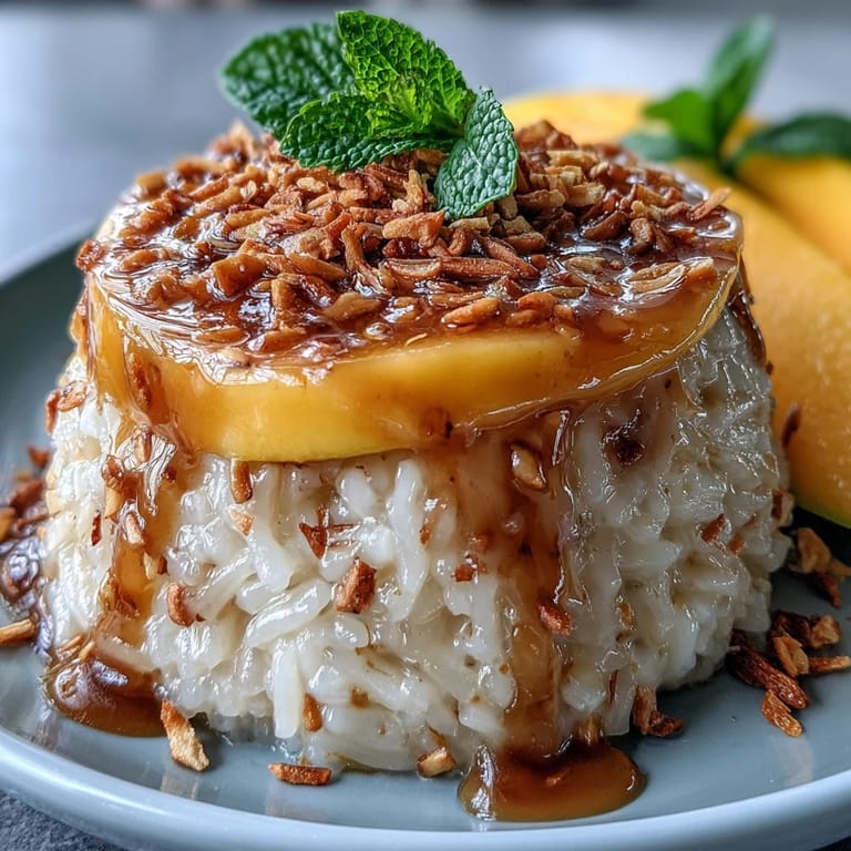 Individual Mango Sticky Rice Cups adorned with toasted sesame seeds and mint.