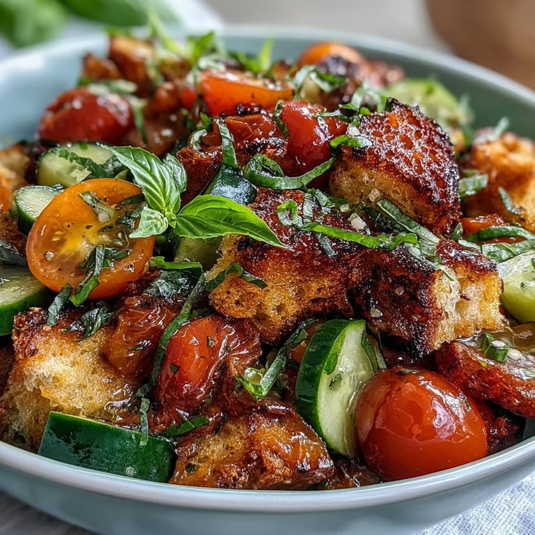 Vibrant bowl of Summer Panzanella, a refreshing Italian bread salad ready to serve.