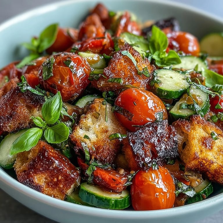 Juicy Summer Panzanella salad featuring charred rustic bread chunks absorbing vinaigrette.