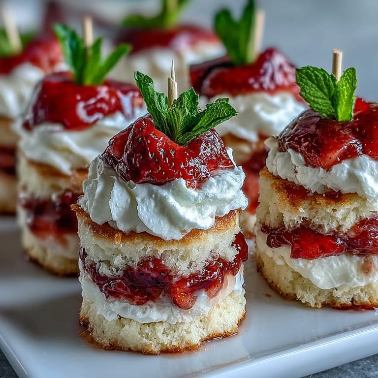 Colorful skewers of mini strawberry shortcake bites overflowing with sweet, creamy goodness.