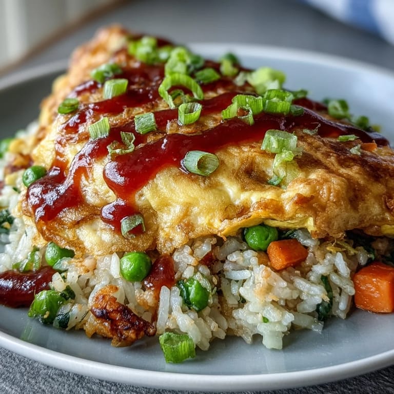 Golden fluffy omelet tops vibrant ketchup rice, ready to be enjoyed.