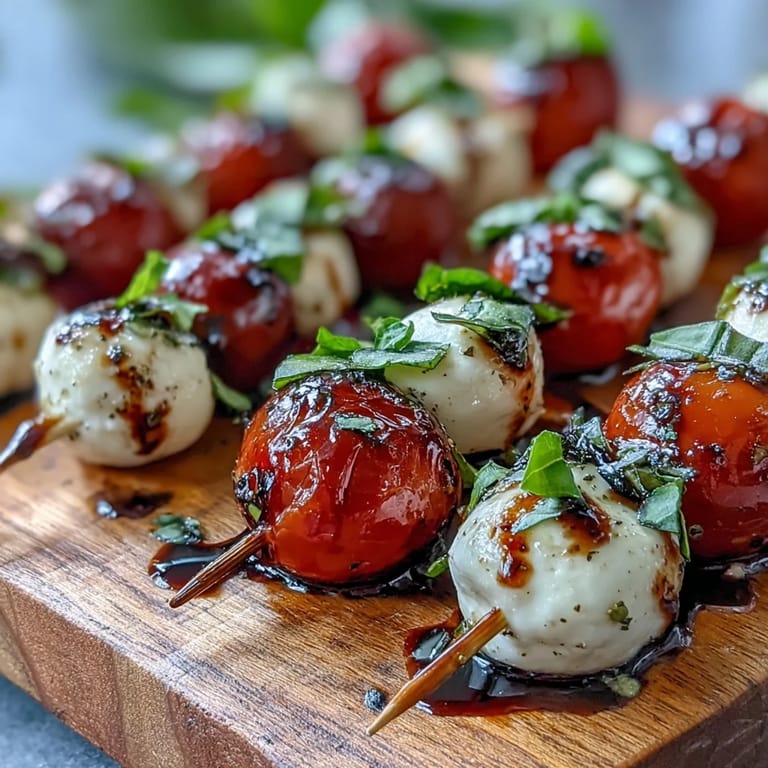 Bright cherry tomatoes and mozzarella skewers drizzled with sweet balsamic glaze.