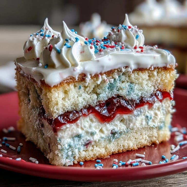 Drizzled white chocolate ganache generously covers this stunning Patriotic Poke Cake.