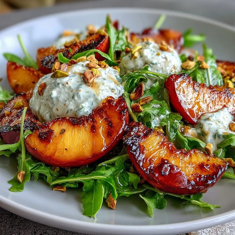 Elegant Grilled Peach and Burrata Salad, drizzled with honey, perfect for outdoor enjoyment.