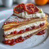 A tall slice of Blood Orange Curd Crêpe Cake reveals paper-thin layers and creamy whipped filling.