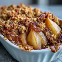 Golden-brown Pear Crumble bubbling from a 9-inch dish, with warm vanilla ice cream melting over tender, cinnamon-spiced pears and a crunchy oat topping.
