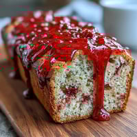 A thick slice of Blood Orange Loaf Cake with Poppy Seeds and Marzipan, showcasing a moist crumb studded with black specks and a shiny orange glaze.