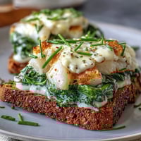 Golden, crisp rye toasts topped with flaky smoked haddock and vibrant wilted spinach, drizzled with creamy crème fraîche and fresh chives.