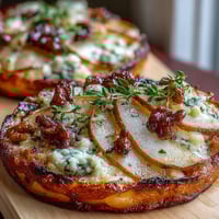 Freshly baked Pear, Gorgonzola, and Pickled Walnut Pizzettes topped with thyme and drizzled with honey on a wooden board.