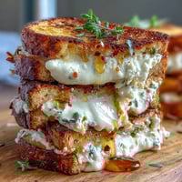 Golden-brown, crisp sourdough halves reveal a creamy, melted goat cheese grilled cheese with honey and chili flakes, glistening slightly on a rustic plate.
