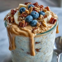 Overnight oats with peanut butter and protein powder in a glass jar.