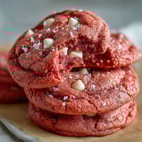 Freshly baked Pink Velvet Cookies with white chocolate chips on a cooling rack, soft and chewy.