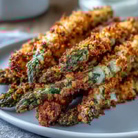 Golden-baked Crispy Asparagus Asiago Spears are arranged on a platter, showcasing their crunchy panko crust and garnished with fresh parsley and lemon wedges.