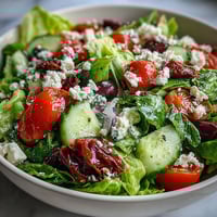This vibrant Greek Salad Bowl features crisp romaine, juicy tomatoes, crunchy cucumbers, and briny Kalamata olives topped with creamy feta and a tangy vinaigrette.