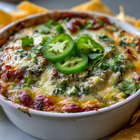 A close-up of the hot Black-Eyed Pea Dip with jalapeño and cumin, bubbling and golden brown, served with tortilla chips.