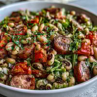 Fresh Hoppin John Style Black-Eyed Pea Salad with turkey sausage and tarragon on a plate.