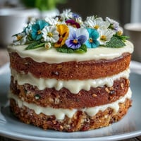 Elegant vanilla cake with whipped cream and pressed edible flowers for spring celebrations.