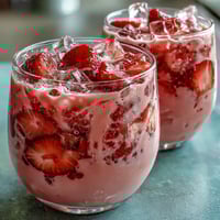 A vibrant pink drink with fresh strawberry slices and açaí swirls in a tall glass, topped with creamy coconut milk.