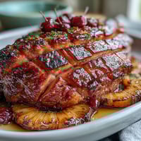 Honey Glazed Ham with Pineapple slices arranged in a festive pattern, caramelized to golden perfection in the oven.