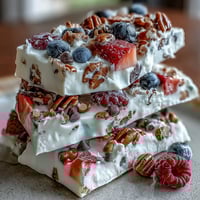Frozen yogurt bark with berries and granola, a vibrant frozen treat perfect for hot summer days.