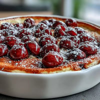 Fresh Cherry Clafoutis baked with juicy cherries and creamy vanilla bean custard.