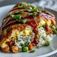 Japanese Omurice with glistening ketchup drizzle and soft fluffy egg.