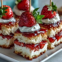 Mini Strawberry Shortcake Bites stacked on skewers with fresh berries and whipped cream.