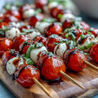 Mini Caprese salad skewers with balsamic glaze, bursting with fresh flavors and colors.